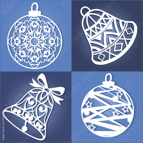 Set of openwork Christmas decorations. Laser cut paper christmas bell . Christmas decorations for wood carving, paper cutting.
