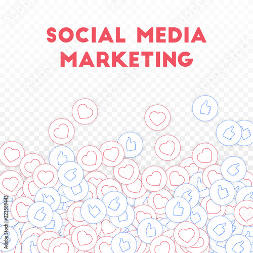 Social media icons. Social media marketing concept. Falling scattered thumbs up hearts. Scatter bott