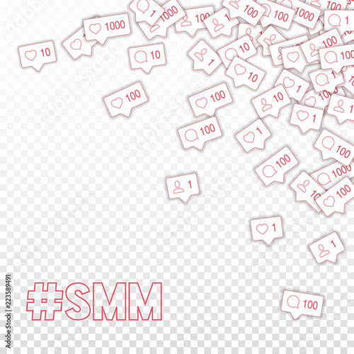 Social media icons. Social media marketing concept. Falling counter comment friend notification. Sca
