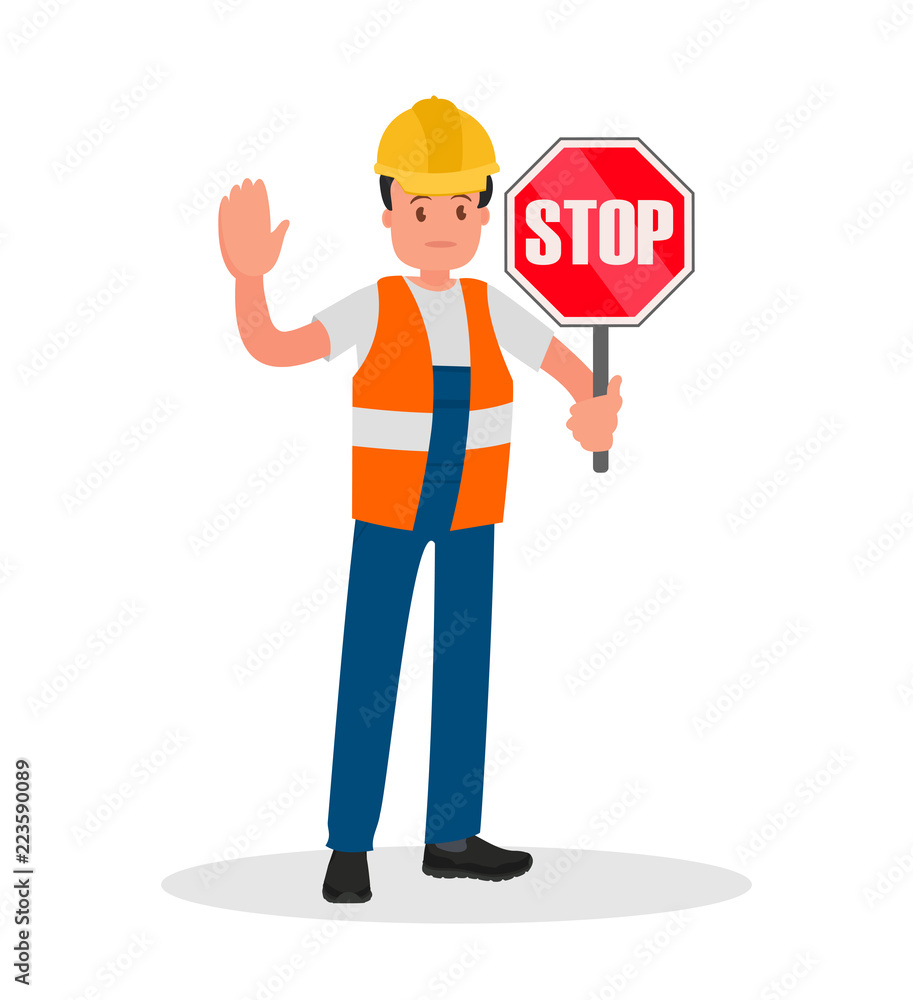 Road builder, adjuster shows a road sign and hand gesture.