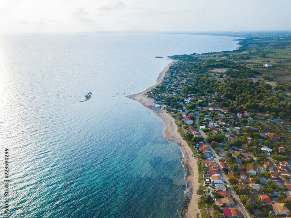 Panoramic top view of a coastal line. Aerial drone bird's eye view photo.