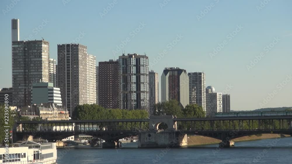 Paris Downtown with Modern Buildings Seine River and a Train Passing the Bridge Paris Downtown with Modern Buildings Seine River and a Train Passing the Bridge