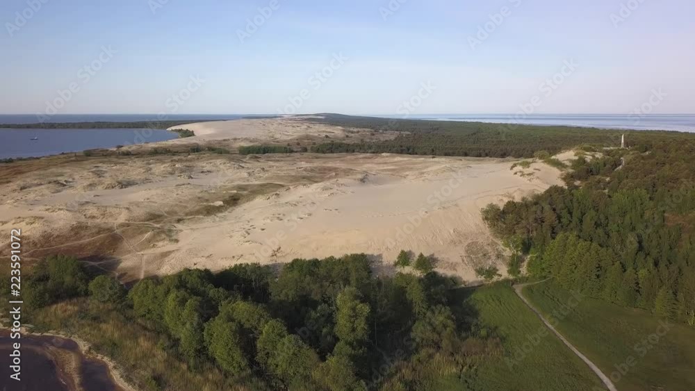 Early morning aerial view of Parnidzio dune meeting sea in Curonian spit near Nida, Lithuania Early morning aerial view of Parnidzio dune meeting sea in Curonian spit near Nida, Lithuania
