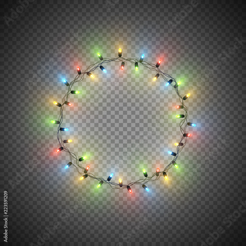 Christmas decorative realistic garland with shiny  glowing lights, round frame, isolated on transparent background, vector illustration