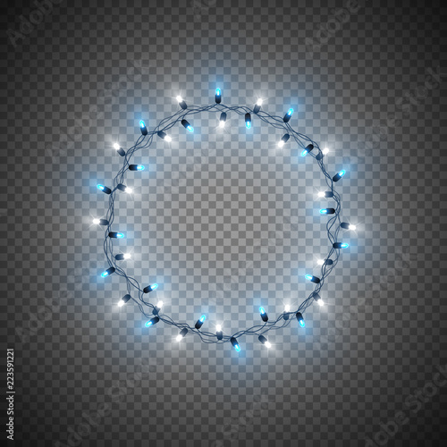 Christmas decorative realistic garland with shiny  glowing lights, round frame, isolated on transparent background, vector illustration