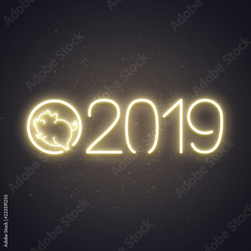 Cute pig neon logo, New year 2019 gold design, chinese horoscope symbol, vector illustration