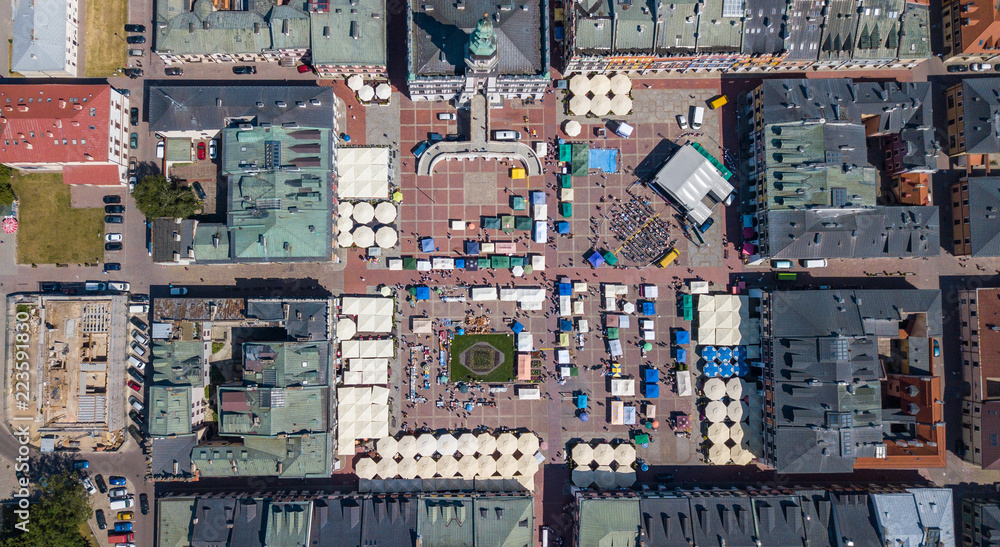 market from a bird's eye view in Zamosc
