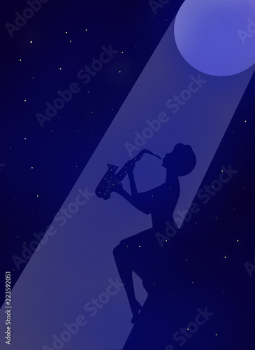 Woman playing saxophone at night in front of moonlight  illustration.Idea for a festival  concert poster  flyer 