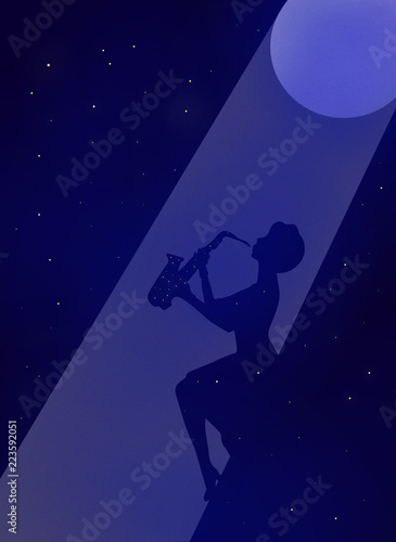 Photography Woman playing saxophone at night in front of moonlight, illustration