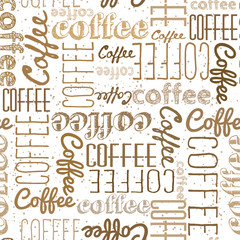 Crédence de cuisine Café patrons Seamless pattern of coffee words. Dark light inscriptions on a white background. Coffee colors Chaotically scattered words of different fonts  © evna