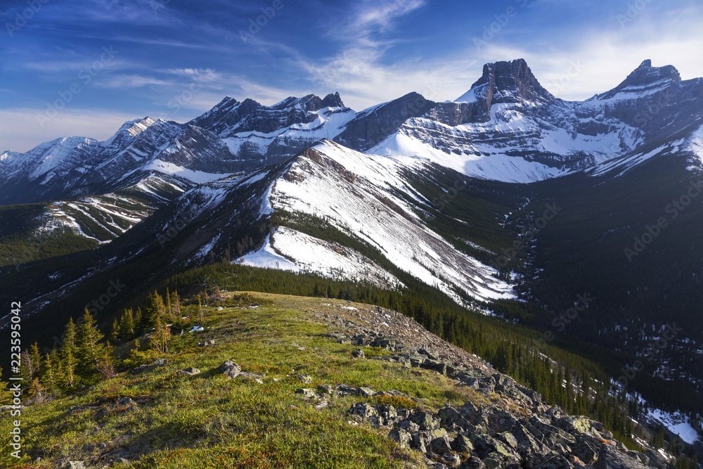 Fortress Ridge Landscape Panorama and Distant Snowy Rocky Mountains on Great Hiking Trail in Kananaskis Country near Banff National Park Alberta Canada