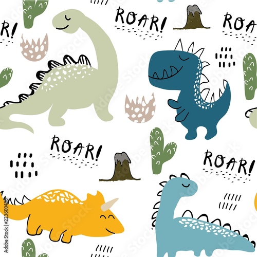 childish dinosaur seamless pattern for fashion clothes, fabric, t shirts. hand drawn vector with lettering