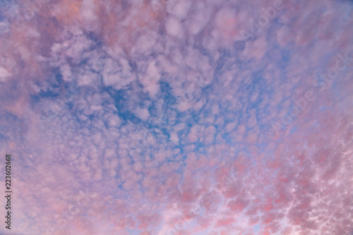 Photo of a fiery sky at sunset. White-pink clouds against the blue sky. Suitable for any design.