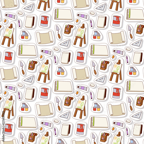Painting art tools palette vector illustration details stationery creative paint equipment creativity artist instrument seamless pattern background.