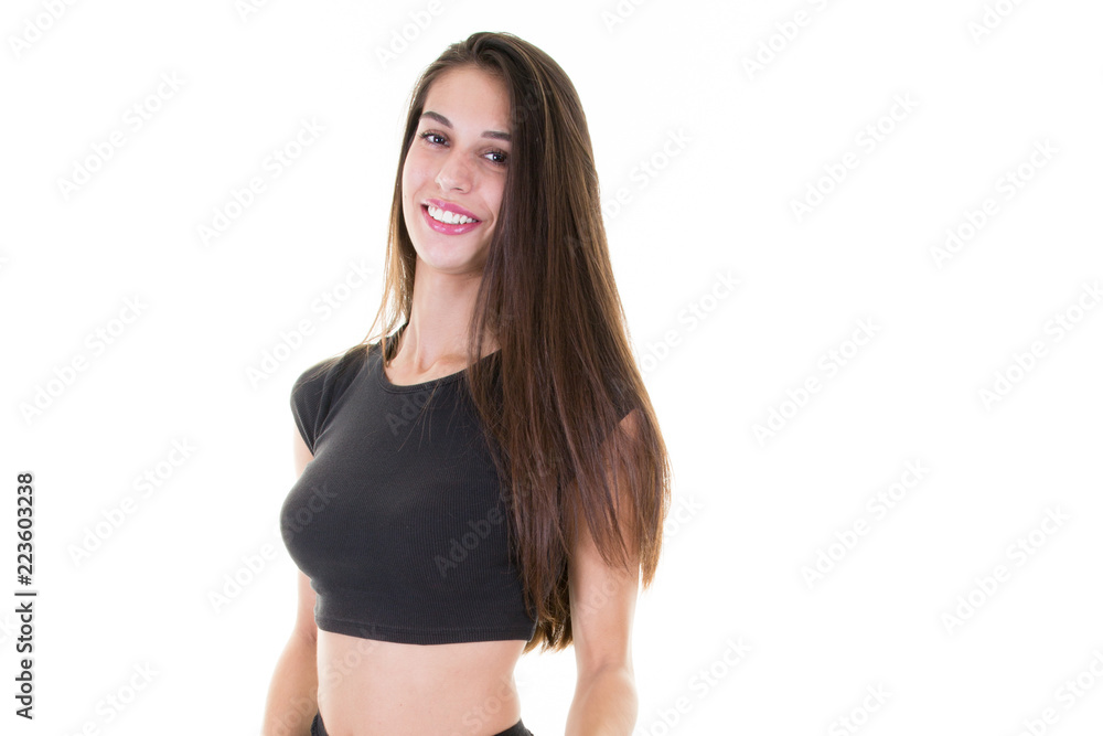 Smiling happy woman young fashion with light cut top Smiling happy woman young fashion with light cut top