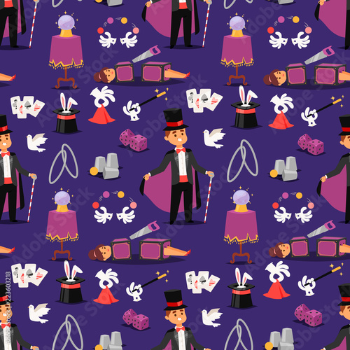 Magician prestidigitator illusionist vector character tricks juggler vector illustration magic conjurer show cartoon man