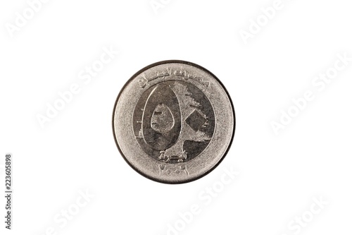 A super macro image of a Lebanese 50 livres coin isolated on a white background