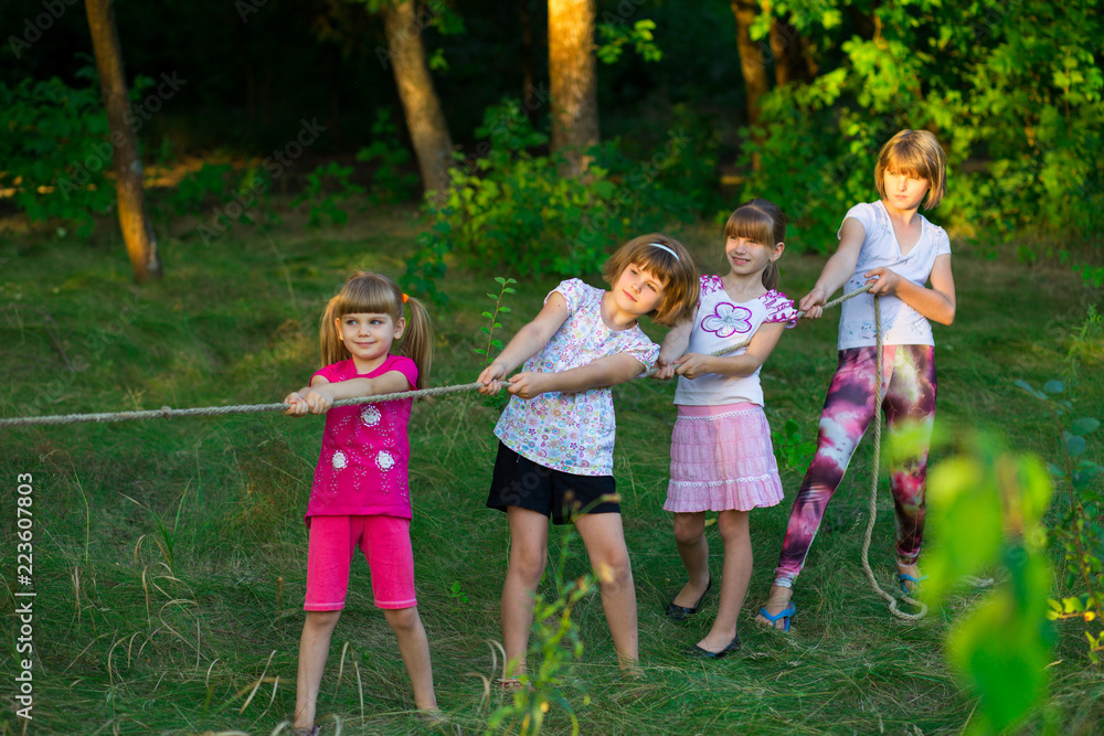 Fototapeta premium Group of happy children playing tug of war outside on grass. Kids pulling rope at park. Summer camp fun