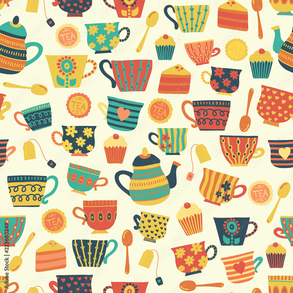 Tea time vector seamless pattern background beige. Tea cups, teapot, spoons, cupcakes. Hand drawn mug illustration. Retro print for packaging, fabric, menu, cafe, bakery, tea party, cards, winter Tea time vector seamless pattern background beige. Tea cups, teapot, spoons, cupcakes. Hand drawn mug illustration. Retro print for packaging, fabric, menu, cafe, bakery, tea party, cards, winter