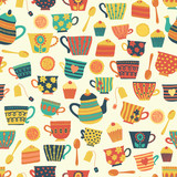 Tea time vector seamless pattern background beige. Tea cups, teapot, spoons, cupcakes. Hand drawn mug illustration. Retro print for packaging, fabric, menu, cafe, bakery, tea party, cards, winter