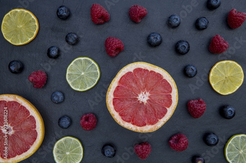 Overhead view of various fruits on table photo
