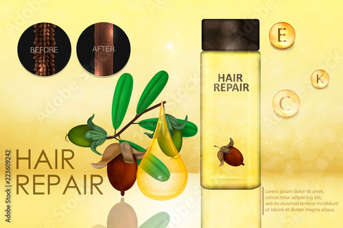 Hair conditioner with jojoba.extract. Hair before and after using shea butter. Vector