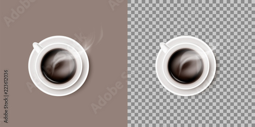 A hot steaming coffee drink in white ceramic cup or mug on round saucer. Vector realistic object isolated on transparent background