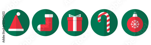 Christmas things like santa hat, christmas stocking, present box, candy cane, christmas ball. With only red & white gimmick. Green circles layer with white background. Simple flat style. 
