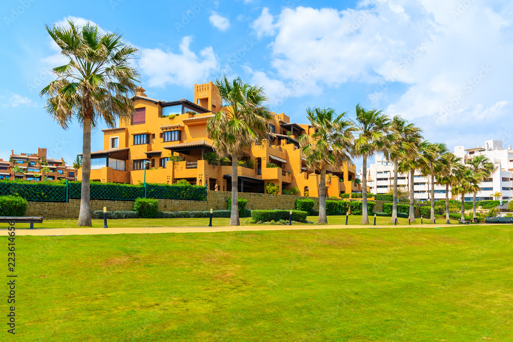 Holiday apartments on sea coast near Estepona town, Costa del Sol, Spain