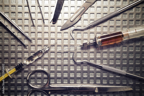 High angle view of medical supplies on metallic table