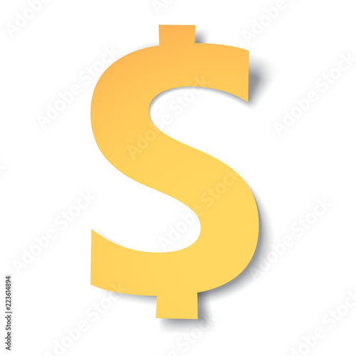 yellow-gold dollar mark carved from paper with soft shadow.Vector