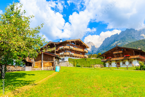 Typical wooden alpine houses decorated with flowers on green meadow in Going am Wilden Kaiser mountain village on sunny summer day, Tyrol, Austria