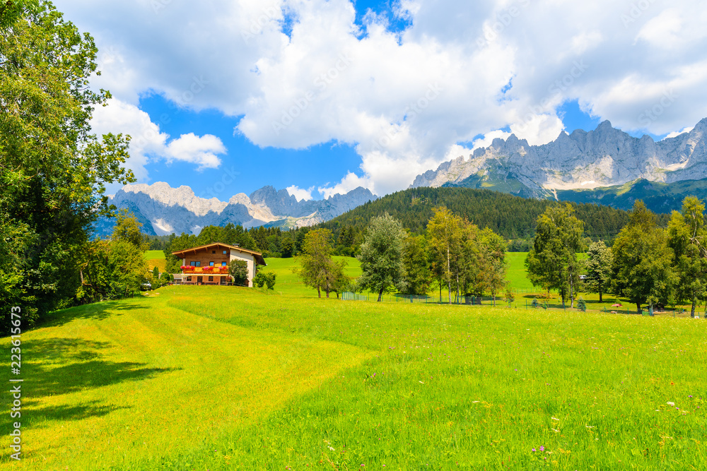Typical wooden alpine house against Alps mountains background on green meadow in Going am Wilden Kaiser village on sunny summer day, Tyrol, Austria Typical wooden alpine house against Alps mountains background on green meadow in Going am Wilden Kaiser village on sunny summer day, Tyrol, Austria