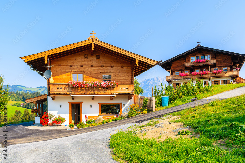 Traditional houses on green meadow in Gieringer Weiher mountain area, Kitzbuhel Alps, Austria