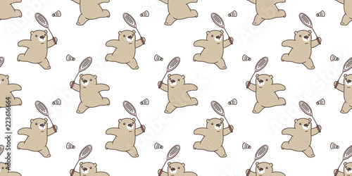 Bear seamless pattern vector polar Bear badminton racket cartoon tile background repeat wallpaper scarf isolated illustration