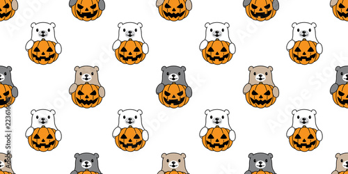 bear seamless pattern vector pumpkin Halloween polar bear panda teddy scarf cartoon isolated repeat wallpaper tile background illustration