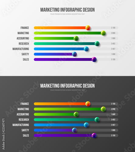 Premium quality marketing analytics presentation vector illustration template bundle. Business data horizontal bar chart design layout. Amazing colorful 3D balls corporate statistics infographic set.
