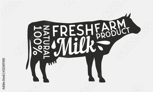 Wallpaper Mural Fresh Milk - trendy retro poster. Cow silhouette. Vintage poster template. Vector illustration. Torontodigital.ca