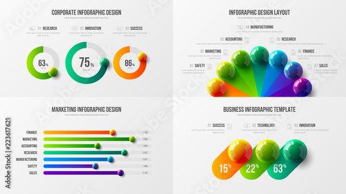 Radial bar marketing analytics presentation vector illustration template bundle. Business data horizontal bar chart design layout. Colorful 3D balls corporate statistics infographic elements set.