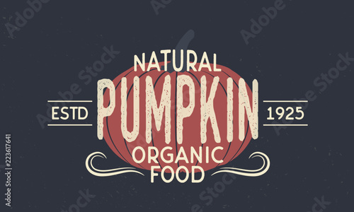 Pumpkin logo. Food emblem. Trendy retro logo. Vintage poster with text and pumpkin vegetable silhouette. Template. Vector Illustration