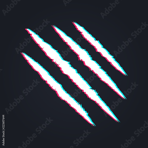 Scratch claws of animal in distorted glitch style isolated on a black background. T-shirt print. Trendy design element. Vector illustration