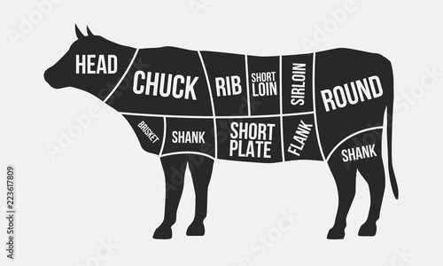 Meat cuts. Cuts of beef. Cow silhouette isolated on white background. Vintage Poster for butcher shop. Retro diagram. Vector illustration