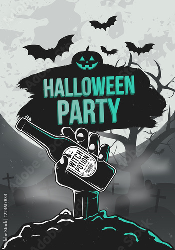 Halloween party poster. Zombie hand hold a beer, tree and bats. Halloween poster Template. Vector illustration