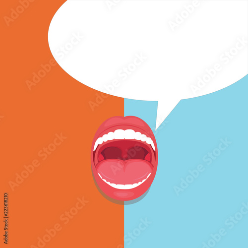 Flat design business Vector Illustration concept template copy space text for Ad website esp isolated 3d isometric. Open Mouth Expressive Surprise Gaping Red Lips Teeth Blank Speech Bubble