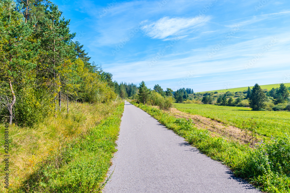 Cycling path near Czarny Dunajec village in Tatra Mountains summer landscape, Poland