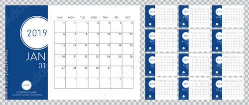 calendar planner 2019. Week starts on sunday. Vector illustration of printable calendar planner.