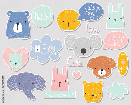 Set of cute baby shower stickers with cartoon animals and lettering. Vector hand drawn illustration.