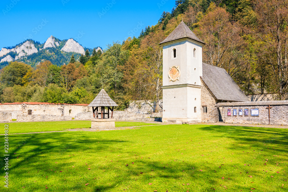 Green park in Cerveny Klastor (Red Monastery) which is located near Dunajec river in Pieniny Mountains, Slovakia