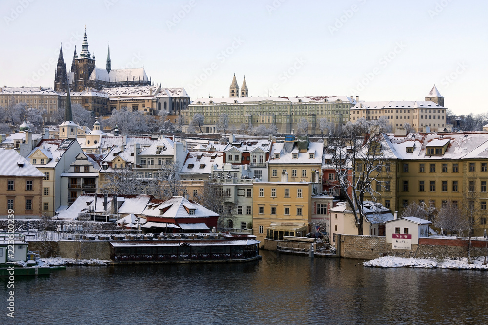 Christmas Snowy Prague City with gothic Castle, Czech republic