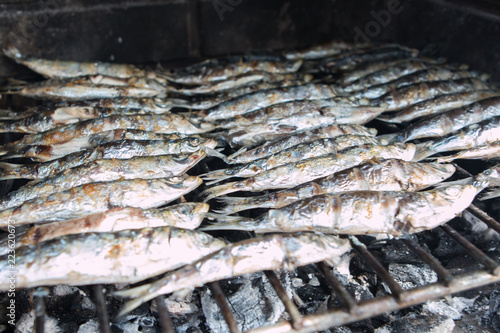 Barbacue fish. Closeup view on traditional spanish dish. Typical in Costa del Sol, Malaga, Spain.